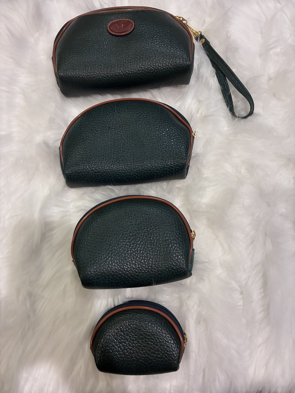 Classic Pebbled Leather Wristlet and Pouch Set - Dark Green